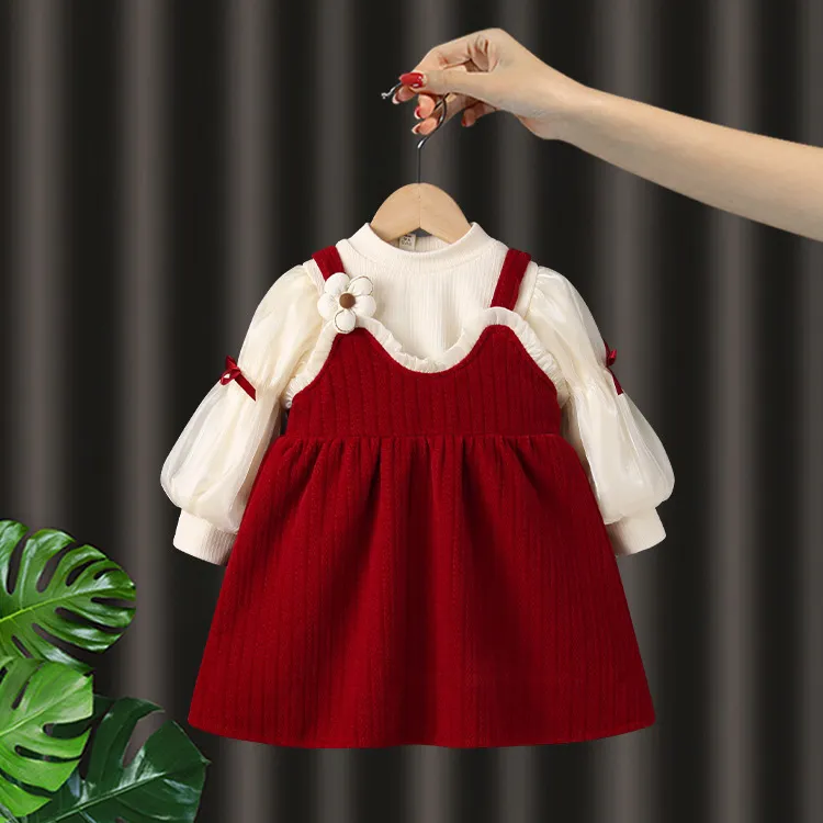 女童背心裙3岁女宝宝潮款童装儿童长袖针织红色小女孩春秋裙子潮2