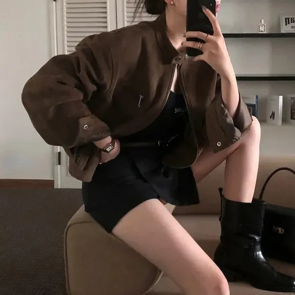 韩国chic秋季复古气质立领拉链口袋宽松百搭短款机车服夹克外套女