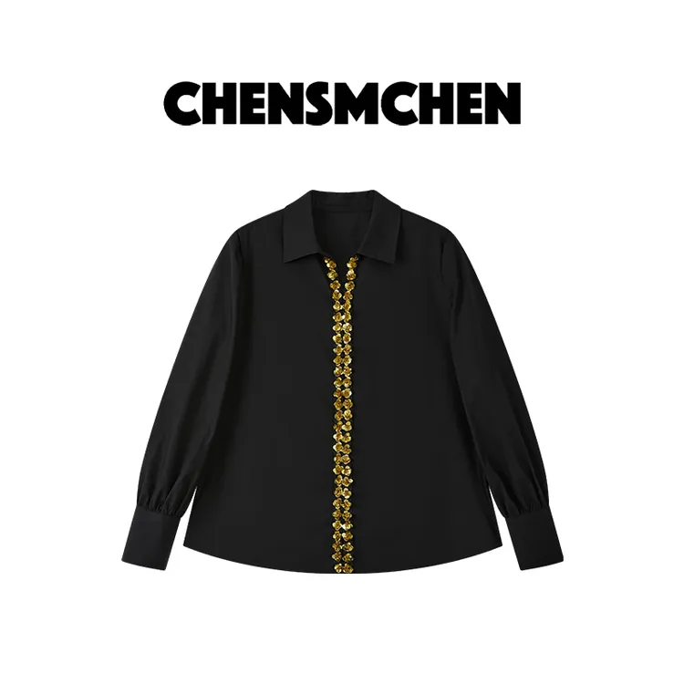 CHENSMCHEN100棉设计感时尚亮片衬衫女精致优雅显瘦衬衣CSC7554TT