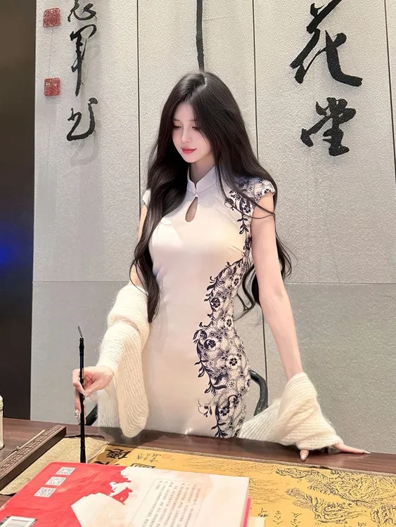 气质连衣裙秋冬轻奢高级感名媛收腰长裙新中式青花瓷印花改良旗袍