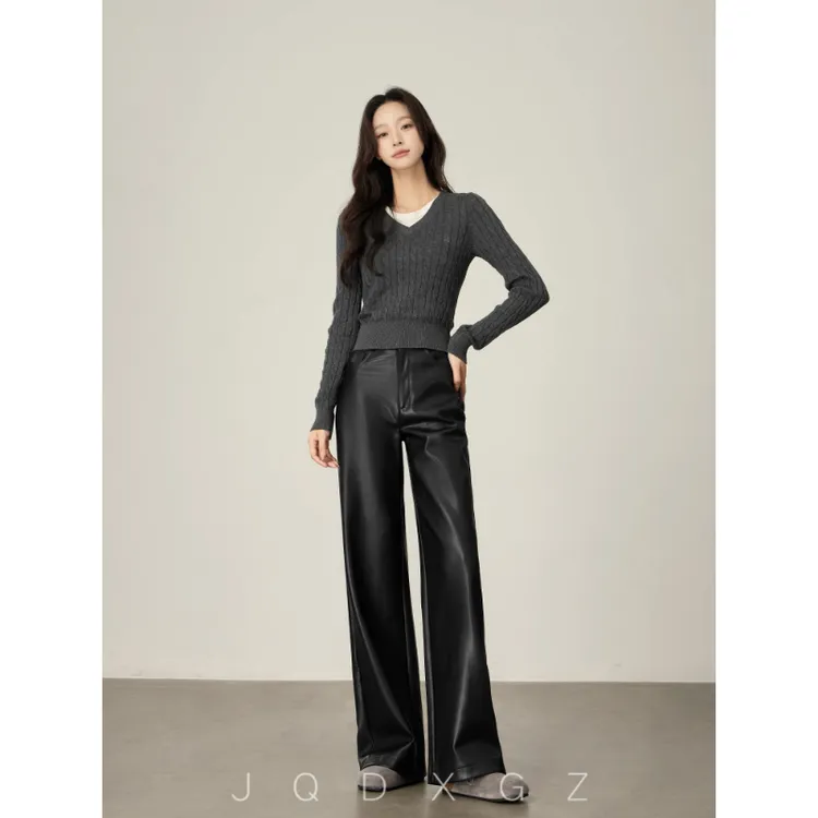 黑色皮裤女秋冬高级感宽松拖地裤高腰直筒阔腿休闲裤23DK1006