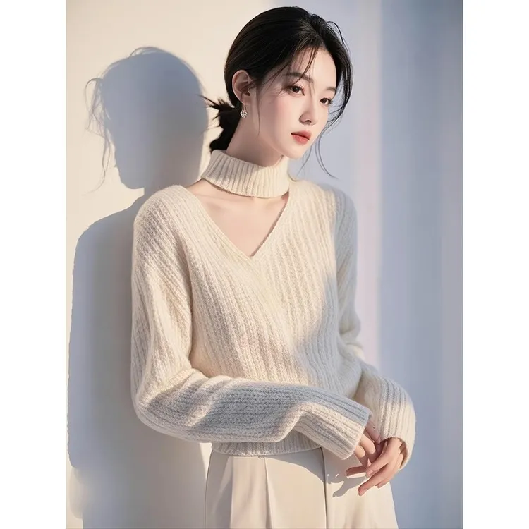 【万达撤柜】韩系chic气质白色挂脖加厚毛衣女秋冬季高级感内搭打底