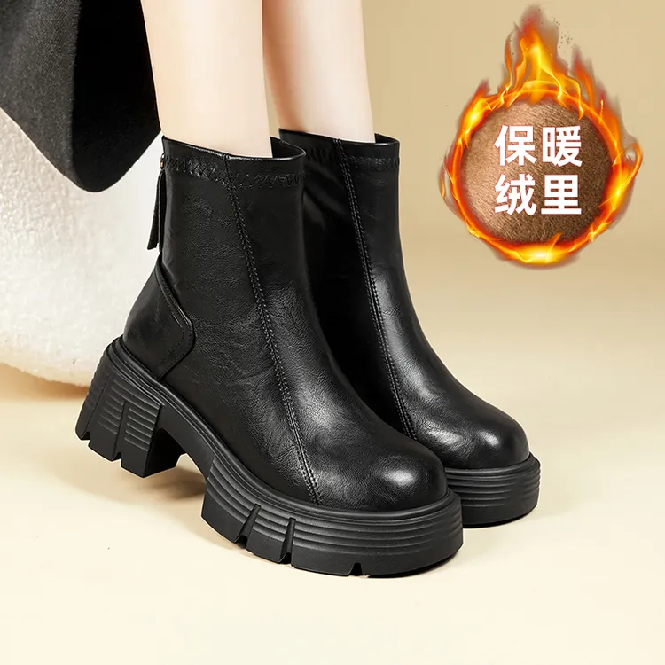 2025新款真皮粗跟短靴女英伦风牛皮版厚底单靴法式超轻软底棉靴女