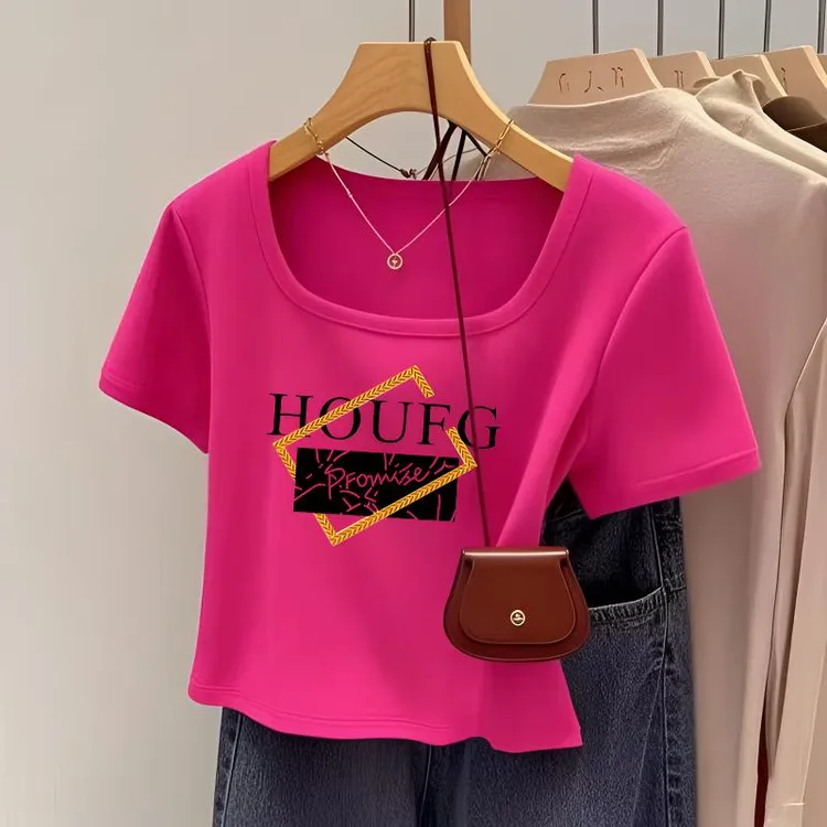 印花短款女式短袖百搭T恤ins夏装短款修身显瘦高腰小众设计感上衣