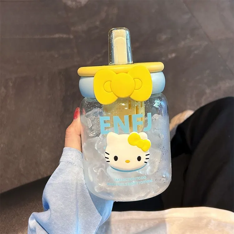 HelloKitty玻璃水杯带吸管女生高颜值办公室茶水分离泡茶杯kkk