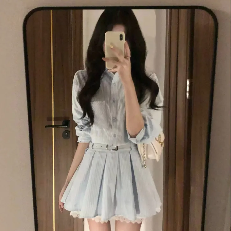 ~狂野遐想~老钱风长袖条纹衬衫连衣裙蕾丝拼接衬衫裙女