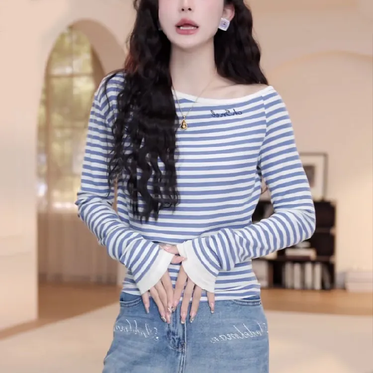 早春新款松弛感洋气减龄斜肩条纹上衣时尚百搭超显瘦撞色长袖T恤