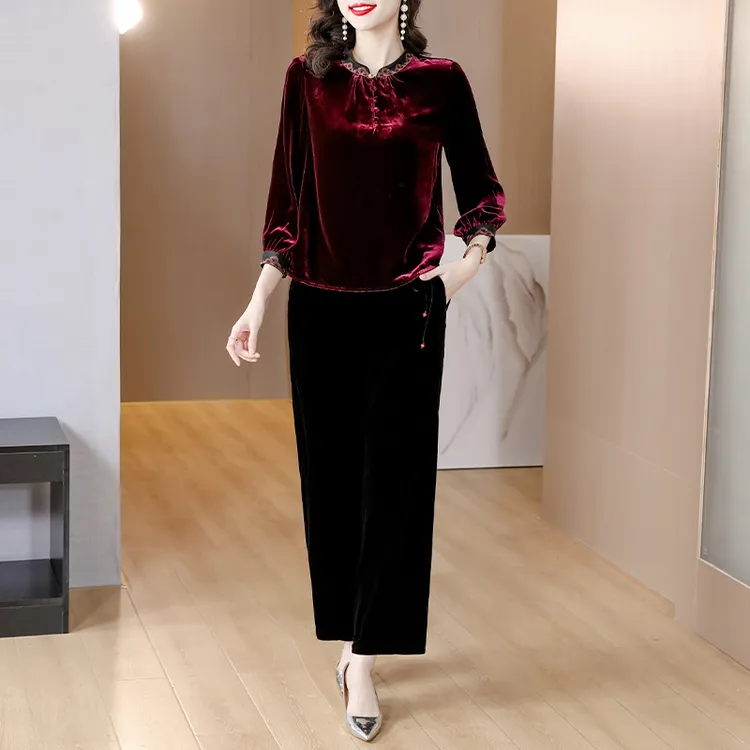妈妈金丝绒套装女2025秋季款时尚阔太太洋气高贵上衣阔腿裤两件套