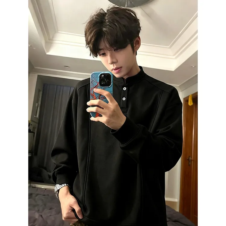 黑色美式亨利领卫衣男款秋冬季正肩polo衫长袖t恤纯棉内搭打底衫