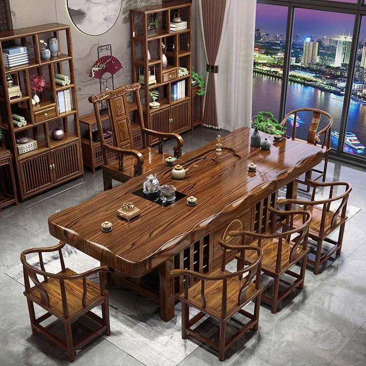 实木原木大板桌椅组合一桌五椅中式家用茶台办公室茶几泡茶一体