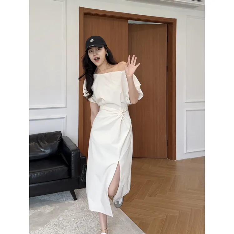 【少量现货】张阿星夏季简约气质斜肩抽褶显瘦开叉连衣裙W425Q07282
