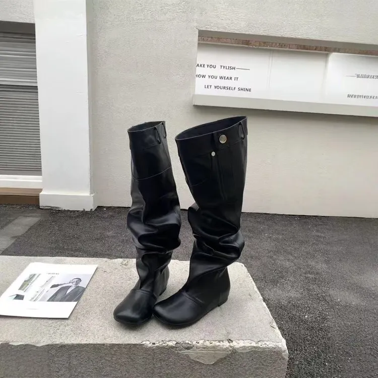 XSJ8817超大筒围平底长靴子内增高辣妹长筒过膝老钱风必备女鞋