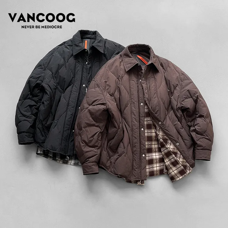 凡购冬季潮牌假两件翻领外套轻薄白鸭羽绒衣百搭格子保暖羽绒服男
