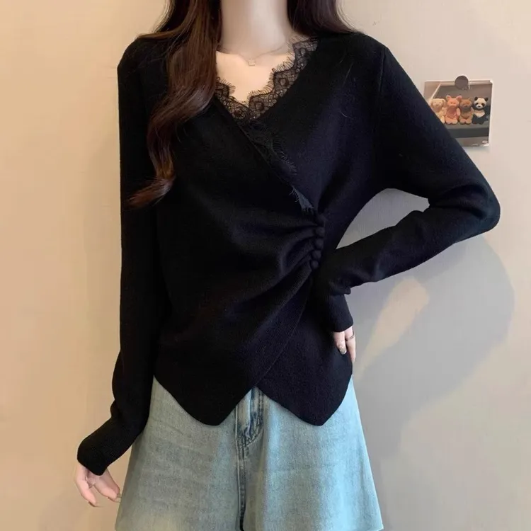 黑色蕾丝V领打底衫女春秋新款修身洋气内搭长袖T恤显瘦针织衫上衣