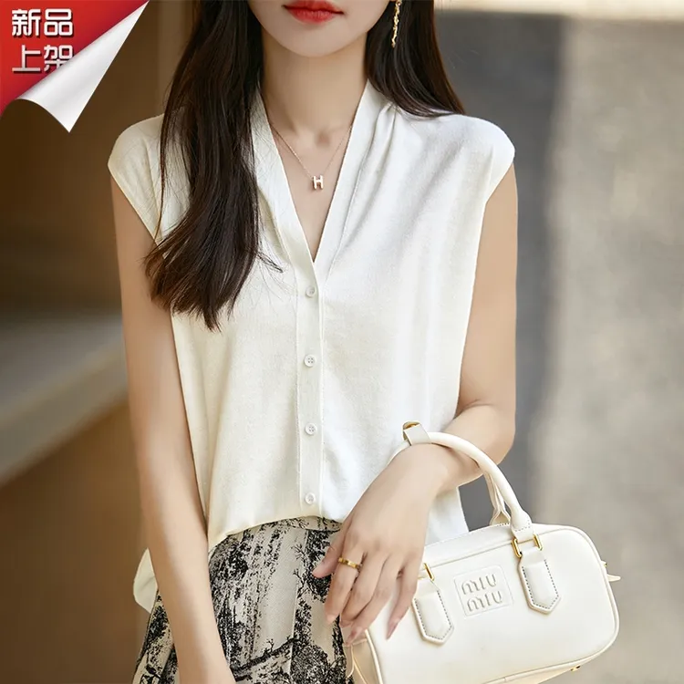 哥弟阿玛施正品夏季女士无袖V领马甲开衫简约百搭坎肩上衣背心