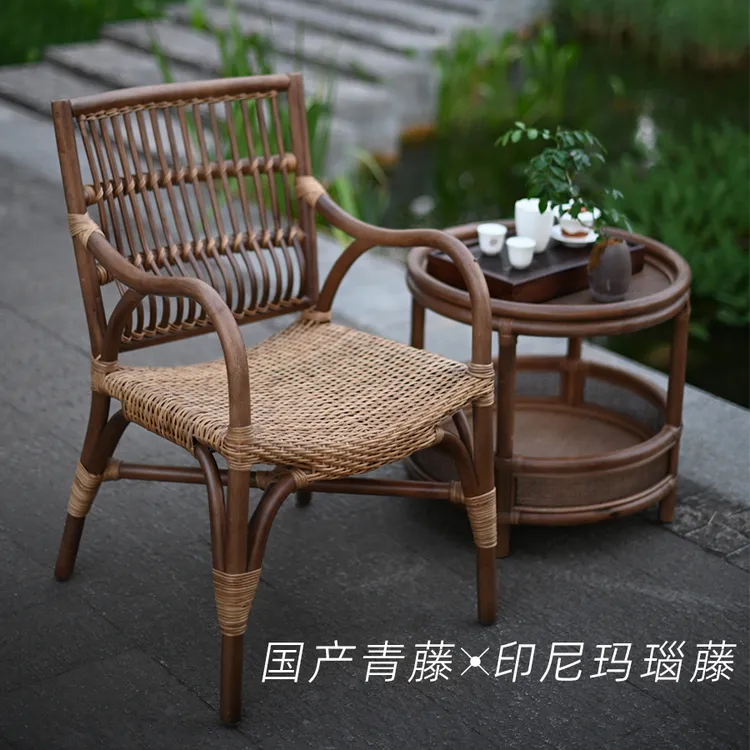 天然青藤编织官帽椅中式古典复古茶室户外阳台休闲主客人椅单人