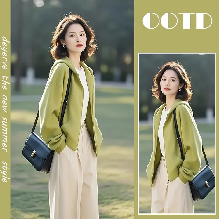 香朵儿休闲风绿色连帽外套女2025春秋新款清新穿搭舒适短款上衣女