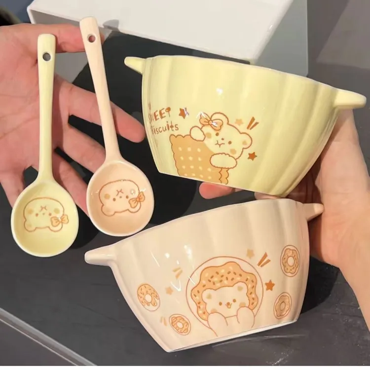 小奶熊双耳南瓜碗两碗两勺 釉下彩吃饭碗防烫加厚好看的碗家用