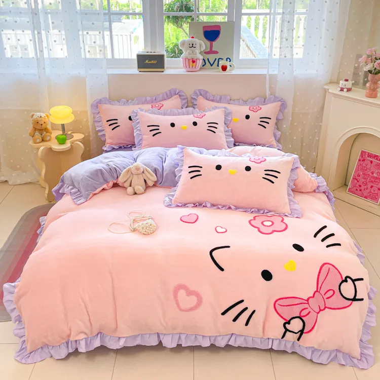 公主冬季加厚牛奶绒四件套珊瑚绒被套卡通可爱三件套床上用品新款