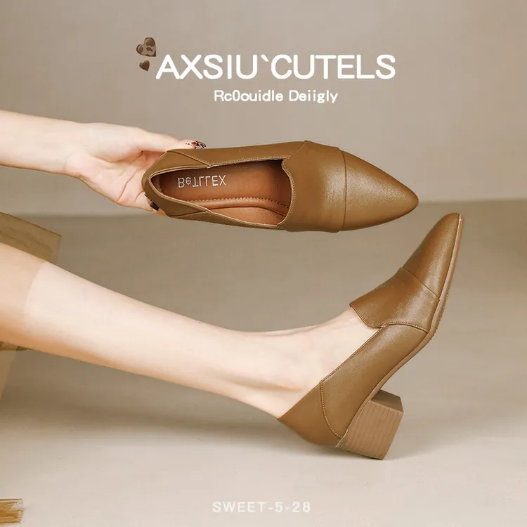 牛皮 全真皮跟高3.5厘米和4.5厘米软皮软底粗跟四季单鞋女皮鞋