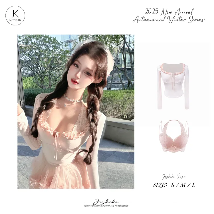 JOY KIKI鹅了么【水蜜桃】秋冬蕾丝拼接修身显瘦长袖上衣J25D161