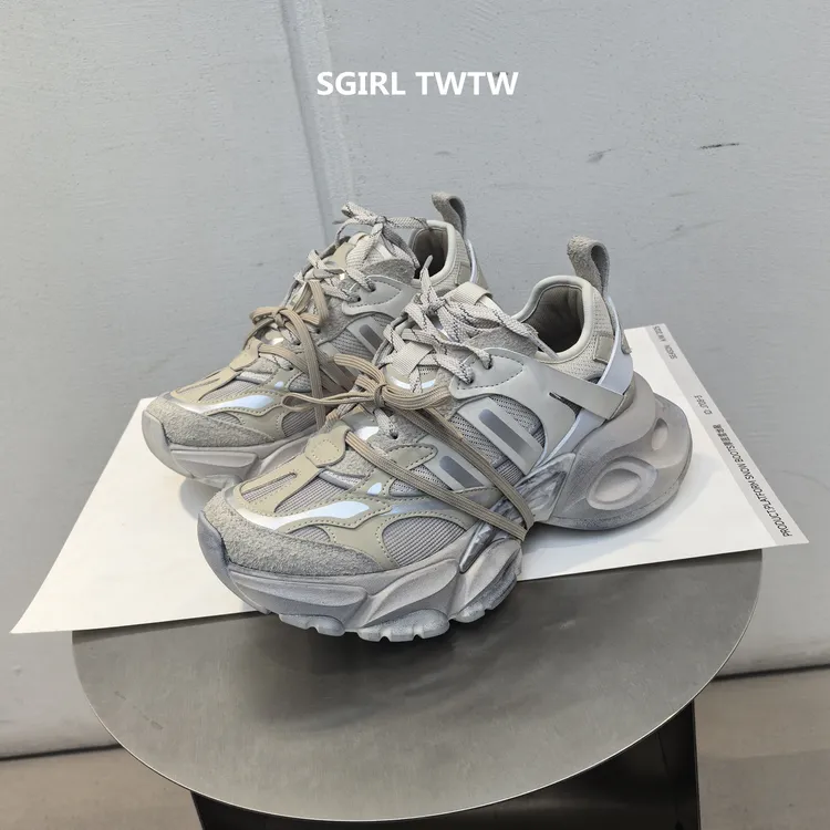 SGIRL TWTW2026年春季新款真皮拼色绑带厚底防滑透气休闲老爹鞋女