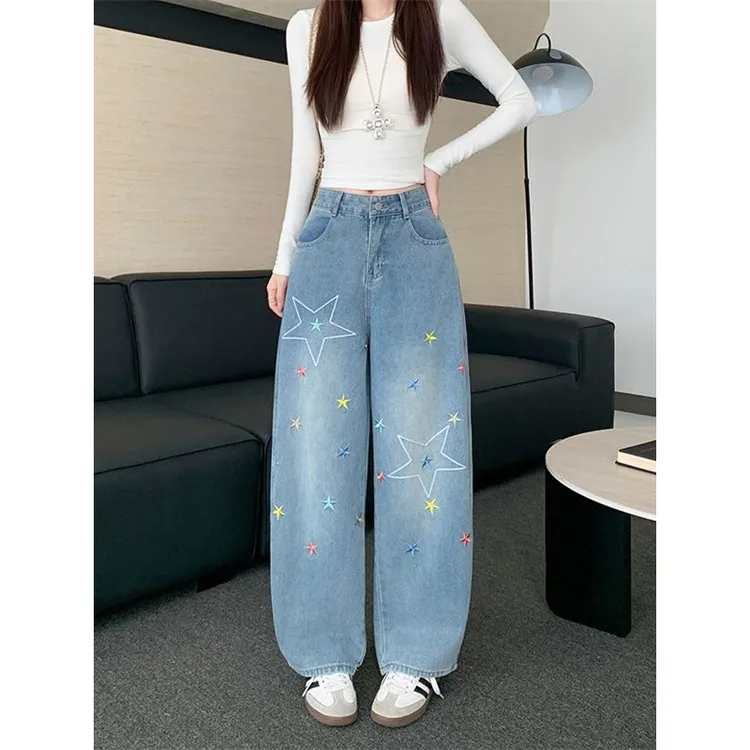 美式星星刺绣牛仔裤女设计感阔腿长裤宽松水洗弯刀裤子
