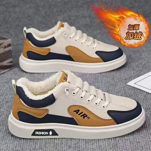 加绒新款鞋子男皮面潮鞋潮流百搭小白鞋青少年防滑运动休闲板鞋男