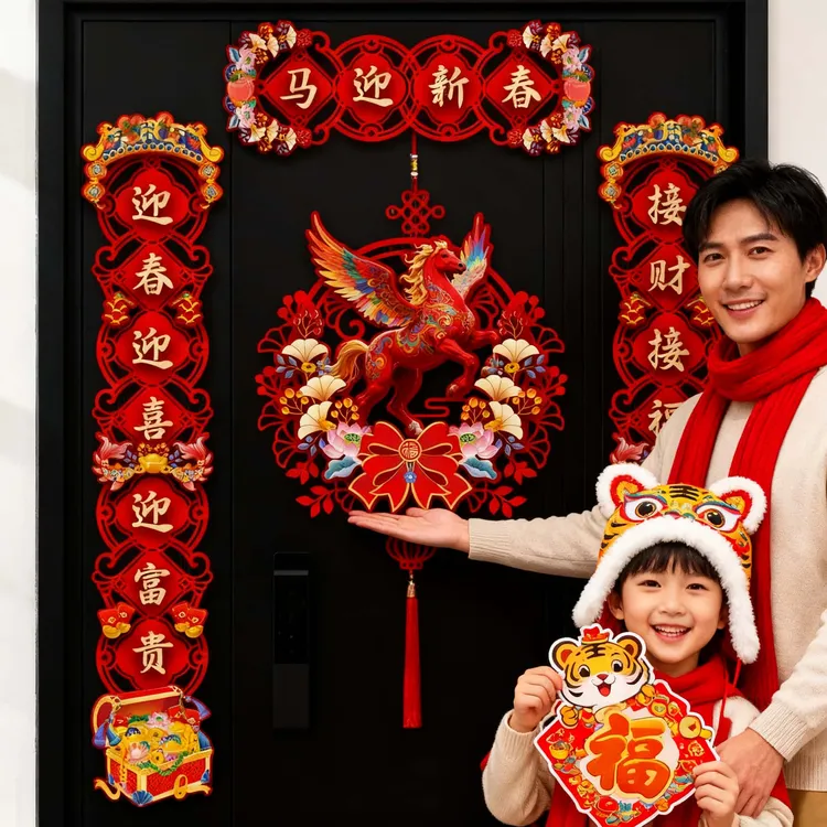 植绒对联2026马年新款春节家用过年大门布置新年门贴装饰磁吸春联
