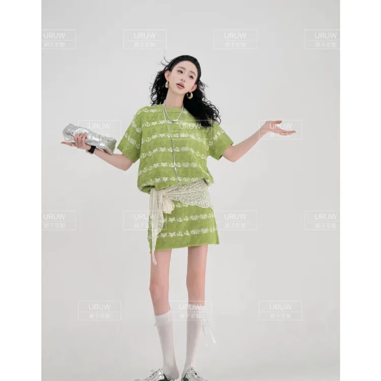 费尔岛杂记设计感圆领提花短 袖时髦高腰针织短裙套装