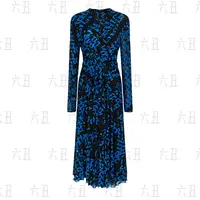 【六丑】新款时尚气质显瘦系带黑白蓝锁链印花网纱连衣裙504LYQ0833