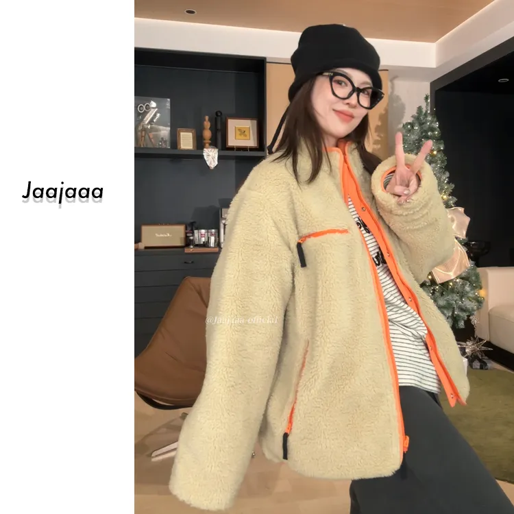 Jaajaaa红炉点雪  小众简约通勤气质拼接撞色双面穿毛毛外套/HXG