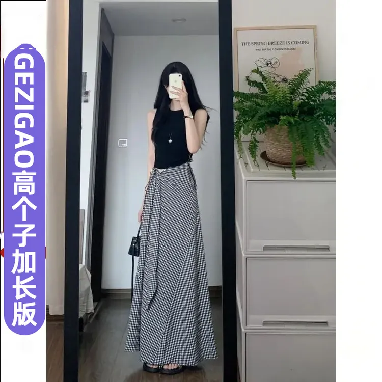 180高个子超长版黑色格纹半身裙女夏季薄款小众设计感系带拖地裙