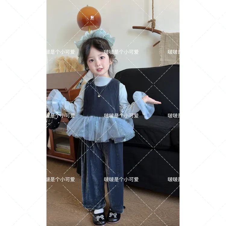 童装女童秋装套装2025新款洋气小女孩小香风穿搭丝绒背心上衣裤子