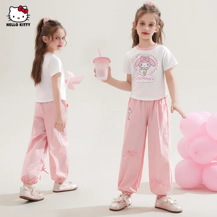HELLO KITTY/凯蒂猫女童中大粉色美乐蒂夏季套装蝴蝶结裤子两件套