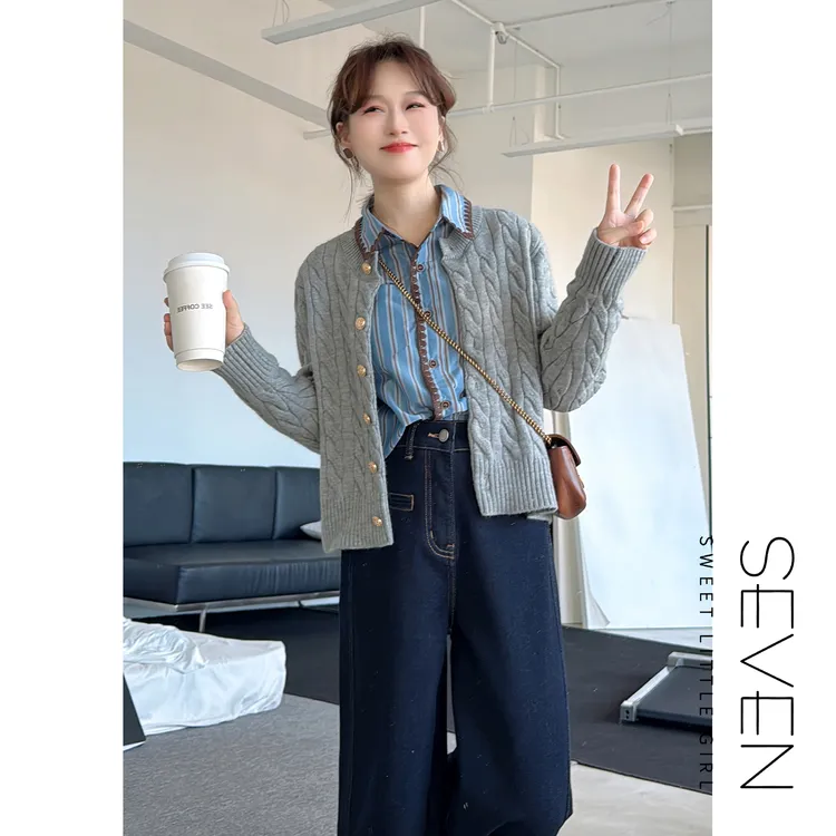 格雷麻花⑧七七146小个子灰色慵懒感麻花长袖毛衣针织开衫女小美说