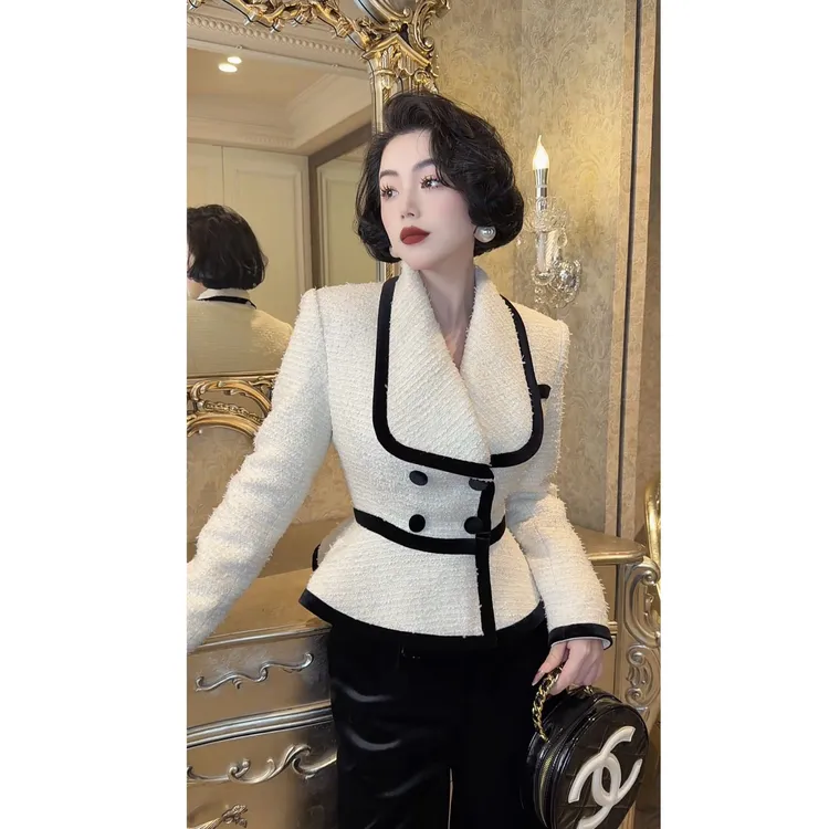 LYXJ【香颂名媛】秋冬时尚立体剪裁黑白粗花羽绒外套12960