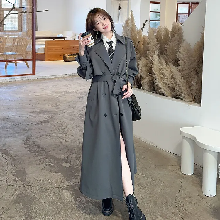 灰色加长款风衣外套女2025春秋新款法式大衣高个子大码女装胖mm