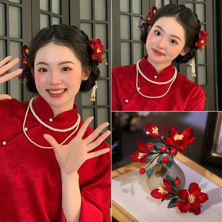 新娘头饰中式手工红色花朵晨袍发饰秀禾跟妆头饰品汉服头饰套装