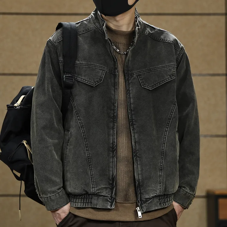 高街重结构做旧纯棉水洗美式机车牛仔外套男士秋季新款工装夹克男