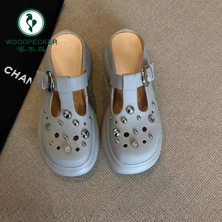 啄木鸟厚底增高洞洞鞋2025夏季新款百搭休闲浅口半拖鞋女包头鞋子