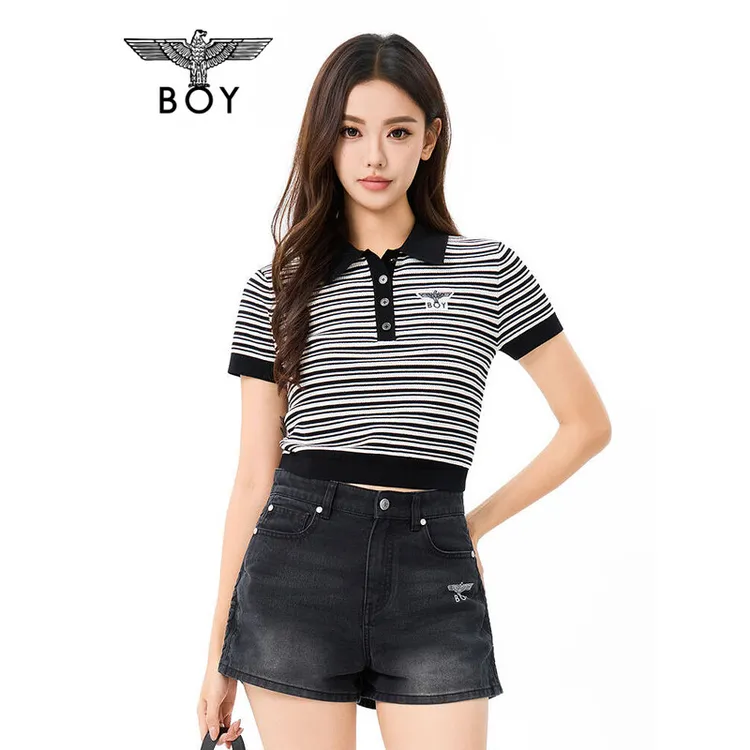BOY LONDON复古短款修身POLO衫黑白条纹春夏新款女针织短袖W01921