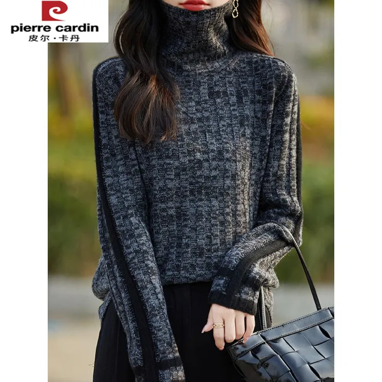 皮尔卡丹法式撞色花纱100纯毛衫女2025新款洋气内搭保暖打底衫巨