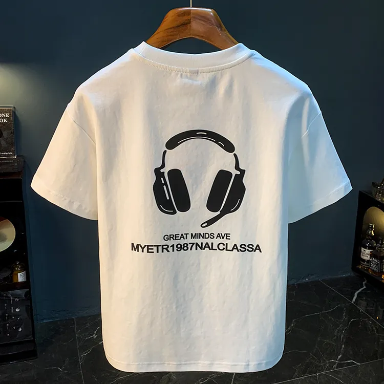 高端印花短袖T恤男款潮流宽松大码新疆棉吸汗透气半袖汗衫白t恤男