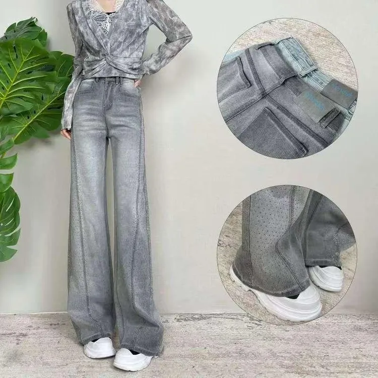 新款时尚烫钻秋款宽松显瘦女高腰浅色阔腿直筒微喇叭牛仔裤女裤子