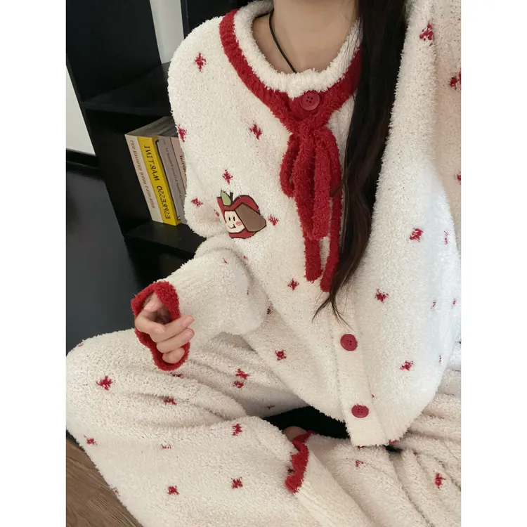 甜美卡通印花针织半边绒睡衣女秋冬新款加厚保暖家居服套装可外穿