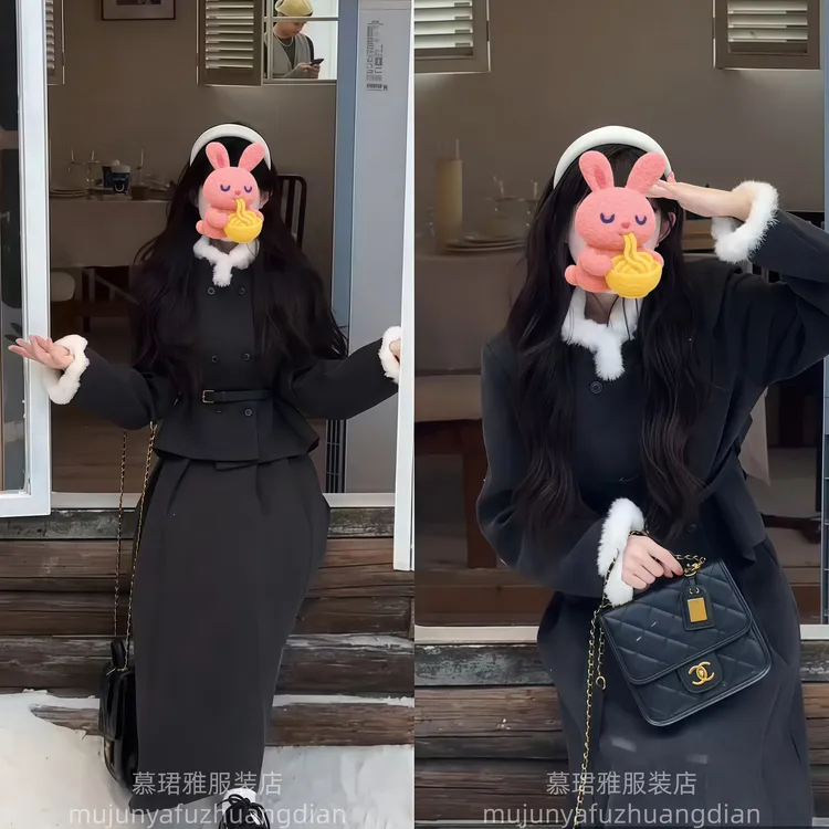 千金风静奢风法式仙女风时尚套装时尚秋季黑色服装