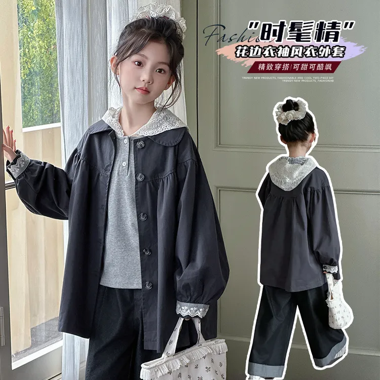 女童风衣外套春秋季2025新款洋气儿童长款上衣秋装大童连帽锋衣