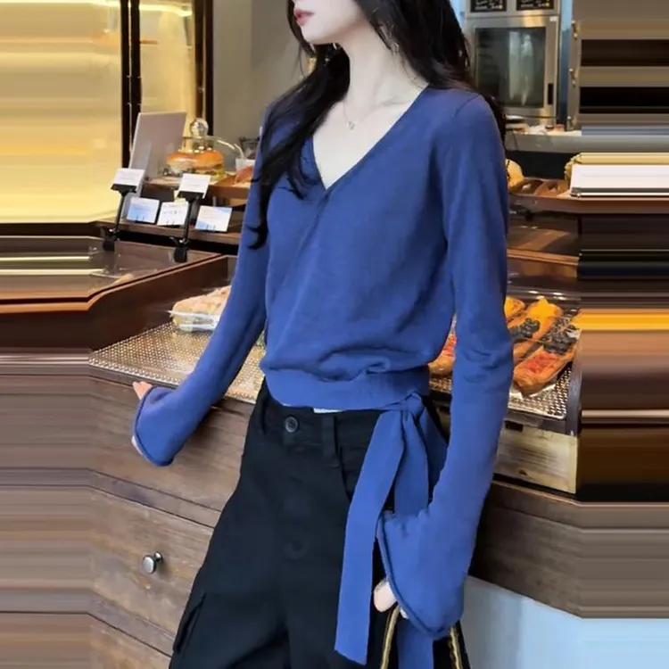 韩里韩气早秋轻熟小众不撞款针织衫女韩系设计感蓝色V领长袖上衣