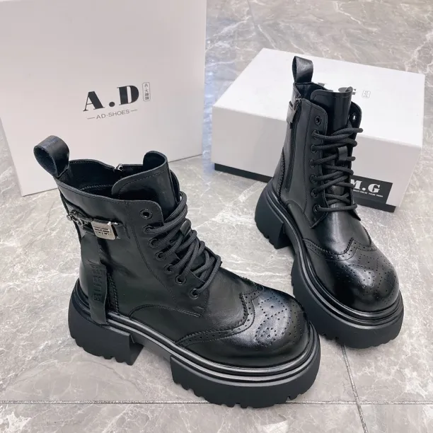 飘带英伦风高级显瘦厚底中筒真皮新款烟筒靴马丁靴8001-1